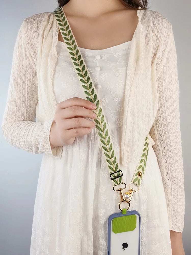 Adjustable Crossbody Long Mobile Phone Lanyard Wide Cloth Neckband Strap Rope Women's Pearl Hanging Ornaments Anti-Lost Lanyard