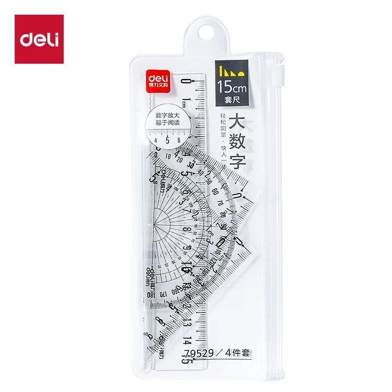 DELI Transparent Geometry Set 4 PCS Math Drawing Tools with Ruler Protractor Triangle Easy Read Measurement for Students School
