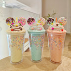 450ml Fashion Cartoon Ice Cream Straw Cup Adorable Plastic Bear Drinking Cup With Lid Milk Tea Cup For Women Girls Outdoor Home