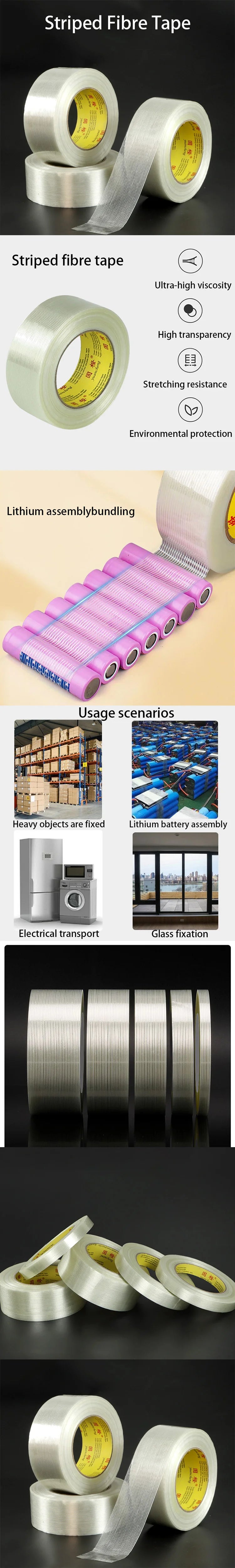 20M Striped Fiber Tape Lithium Battery Pack Insulation Wrap Fiberglass Tape Single Side Adhesive Seal Packaging Fixed