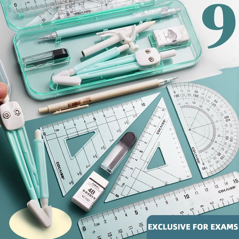 Compasses and Rulers 9-piece Set Kawaii Triangle Ruler Ruler Student Set Ruler Multi-functional Mathematical Drawing Compass Set