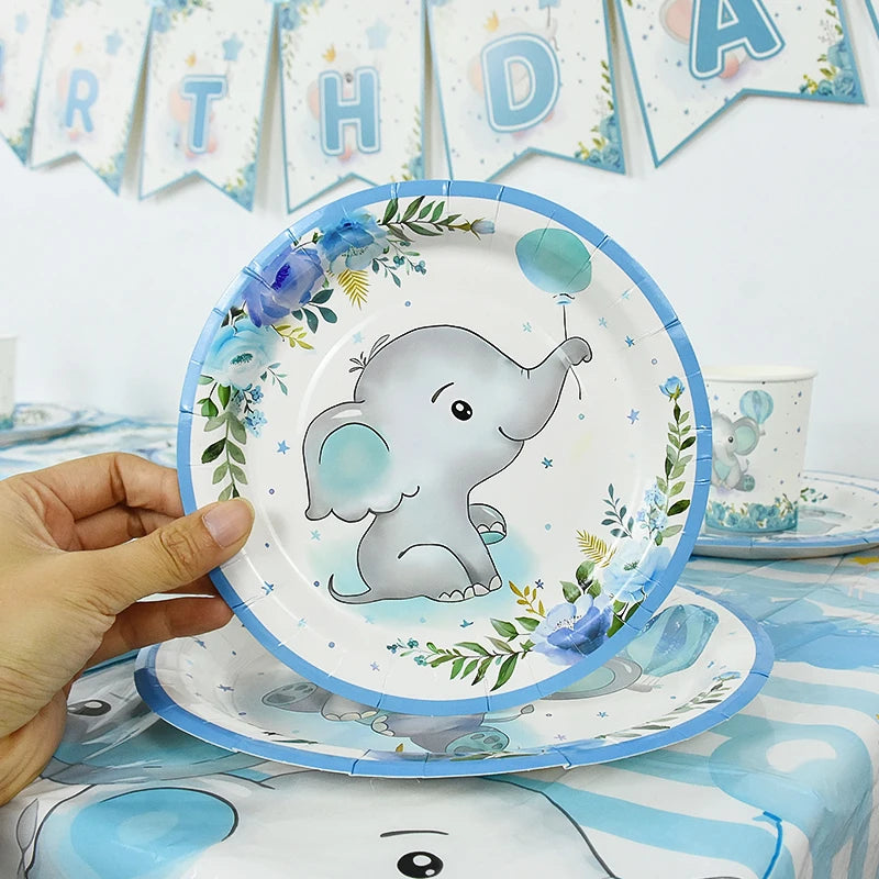 Cartoon Baby Elephant Disposable Tableware Set Paper Plate Cup Napkin Kids Boys Birthday Party Decoration Baby Shower Supplies