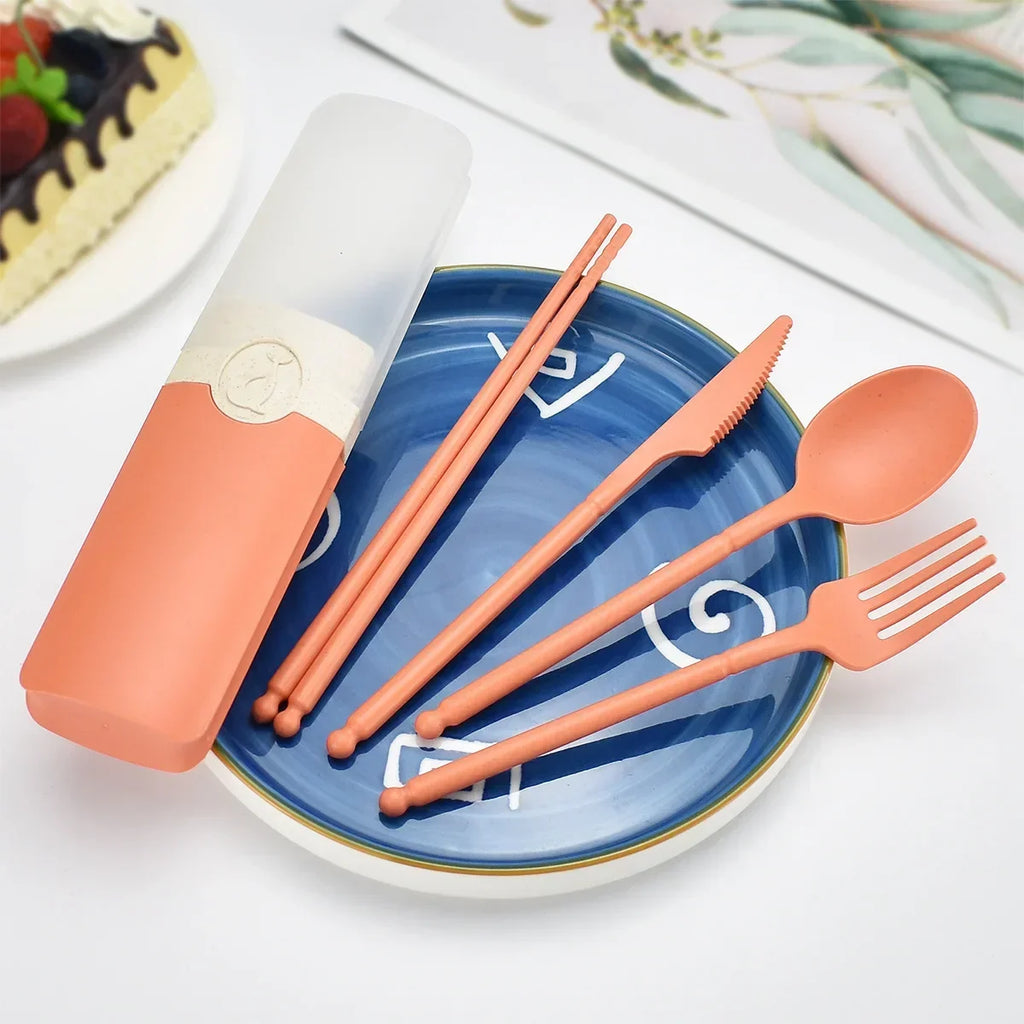 Portable Reusable Spoon Fork Travel Picnic Chopsticks Wheat Straw Tableware Cutlery Set With Carrying Box For Student Office
