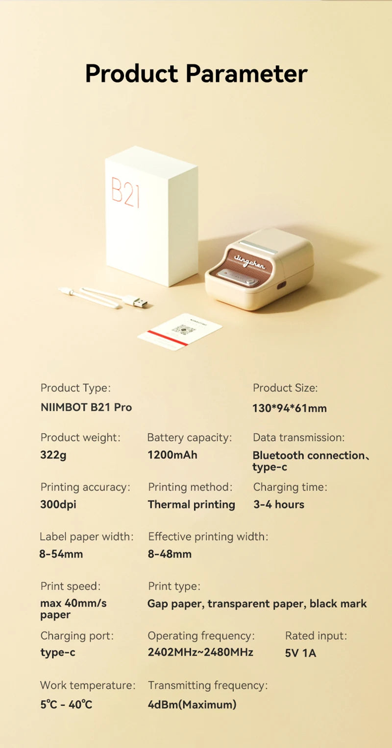 Niimbot B21 Pro 300DPI HD Printing Portable Thermal Printer Self-adhesive Label Printer Sticker Maker For Photos Receipts Note