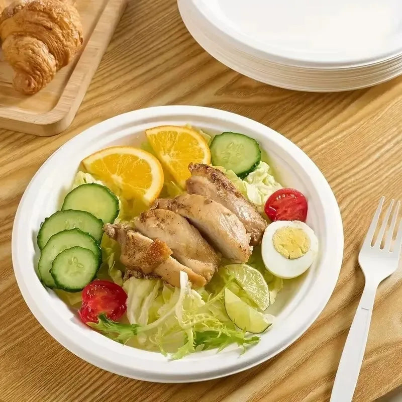 50PCS Disposable Round Plates Disposable Kitchen Dishes Barbecue Pasta Salad Noodle Desserts Restaurant Circular Paper Plates