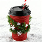 Red Corrugated Disposable Coffee Cups Heat Insulation Cups with Straw for Hot Beverage Ideal for Party Christmas New Year Supply