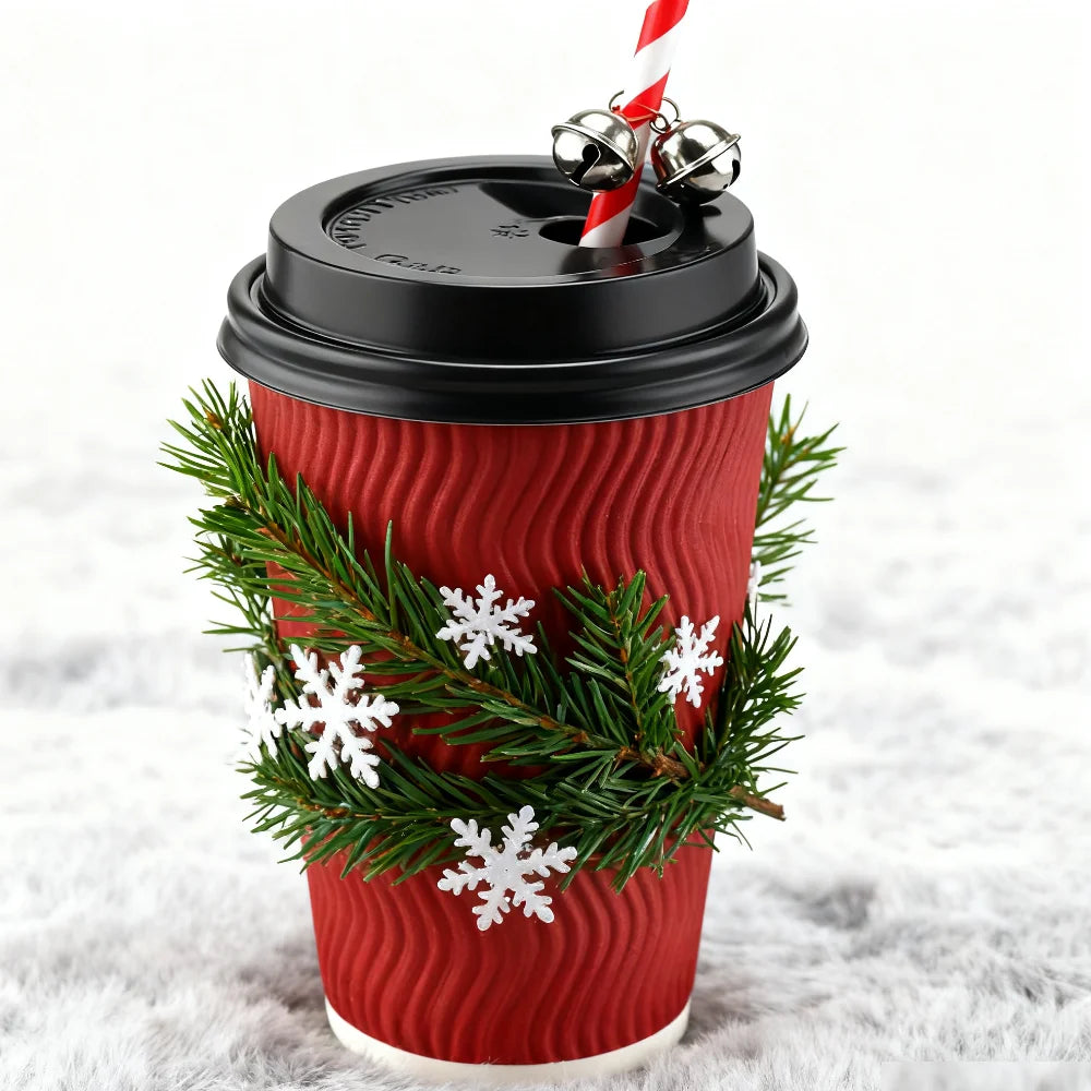 Red Corrugated Disposable Coffee Cups Heat Insulation Cups with Straw for Hot Beverage Ideal for Party Christmas New Year Supply