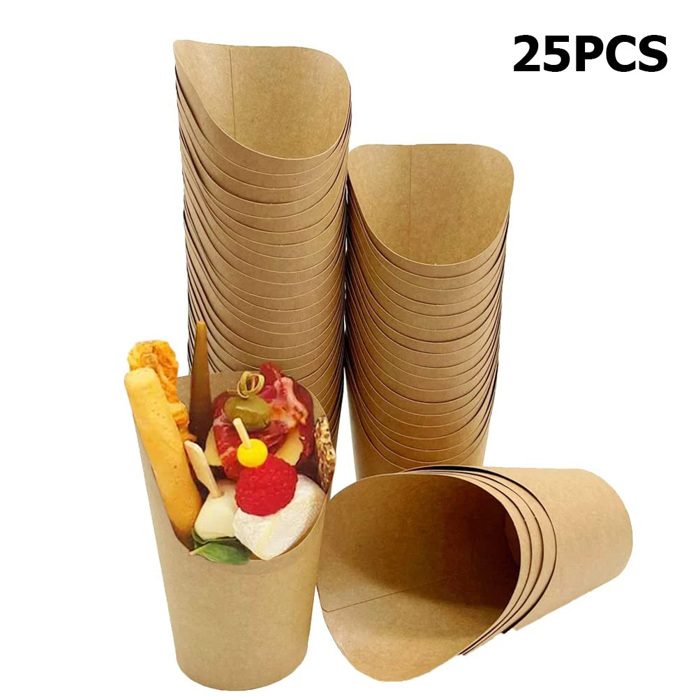 Individual Disposable Charcuterie Cups with Sticks Portable Bags Cocktail Skewers 16oz Brown Paper Appetizer Cups for French Fry