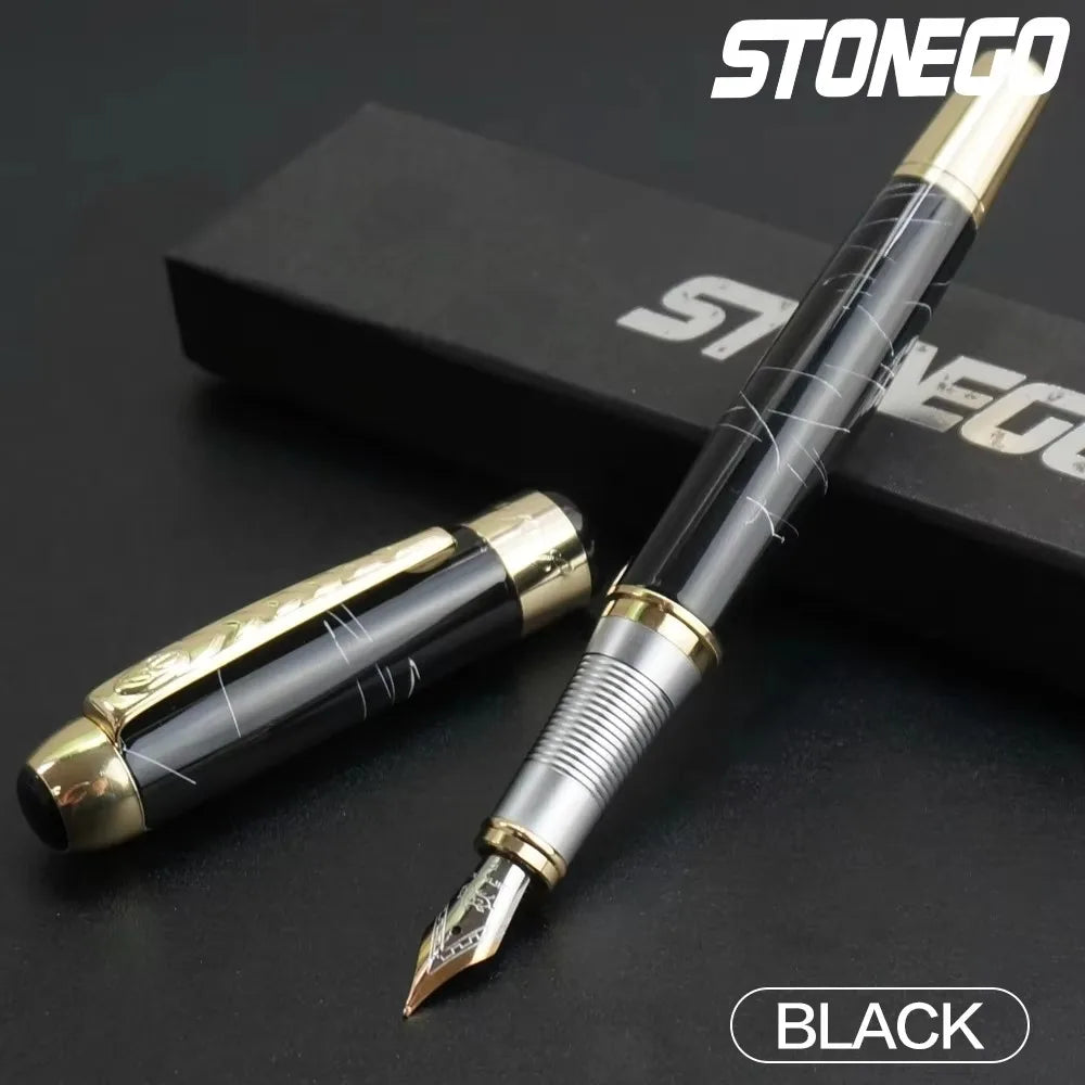 STONEGO 0.38mm Extra Fine Nib Fountain Pen, Black Metal Calligraphy Writing Gift Pen