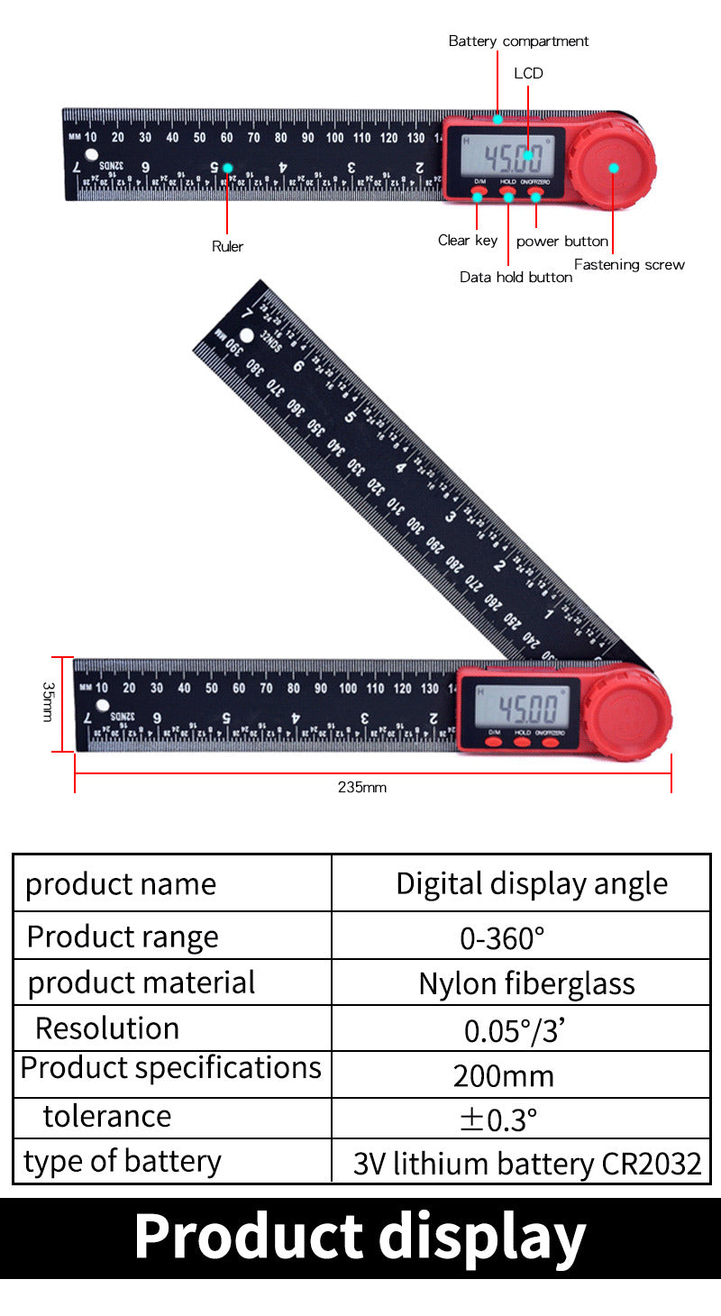 200mm 8'' Digital Angle Finder Ruler Protractor Inclinometer  Electron Goniometer  Angle Length Measuring Tool