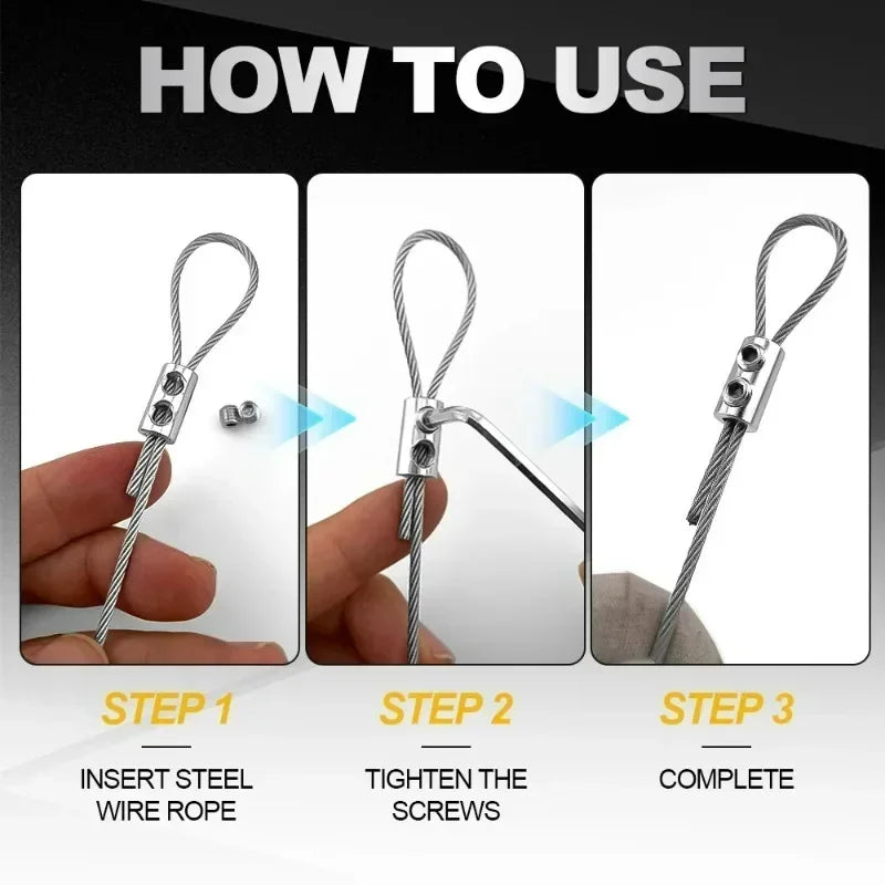 100/10pcs Steel Wire Rope Clamps Double Hole Suspension Cable Clamp Cross Screw Adjustment Telescopic Lock Fastener Copper Clips