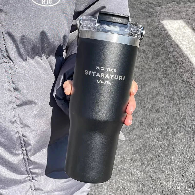 Large Capacity Insulation Cup, 30.43oz Drinking Coffee Water Cup With Straw, Simple Water Bottle