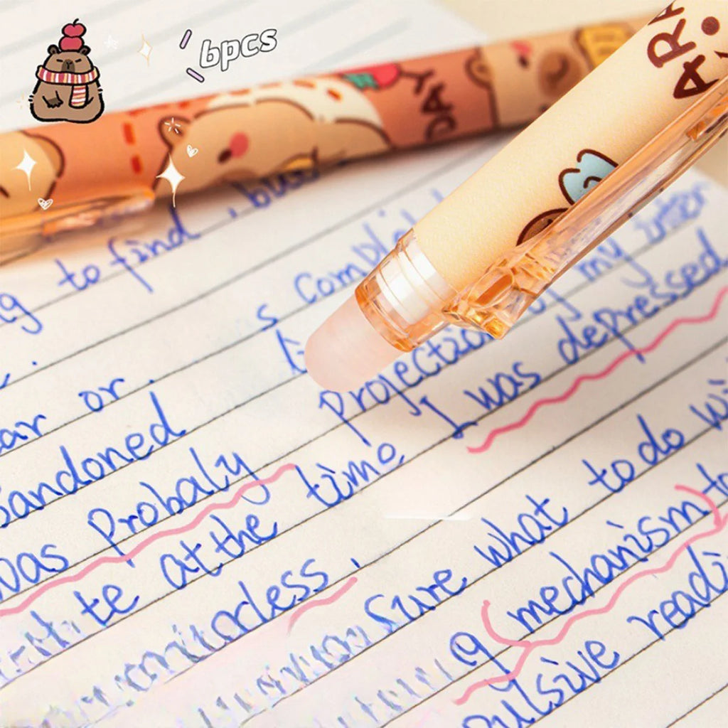 Capybara Erasable Pens 6pcs Refillable Ink Gel Pen Smudge-Free Cute Animal School Supplies for Students Office Stationery Gifts