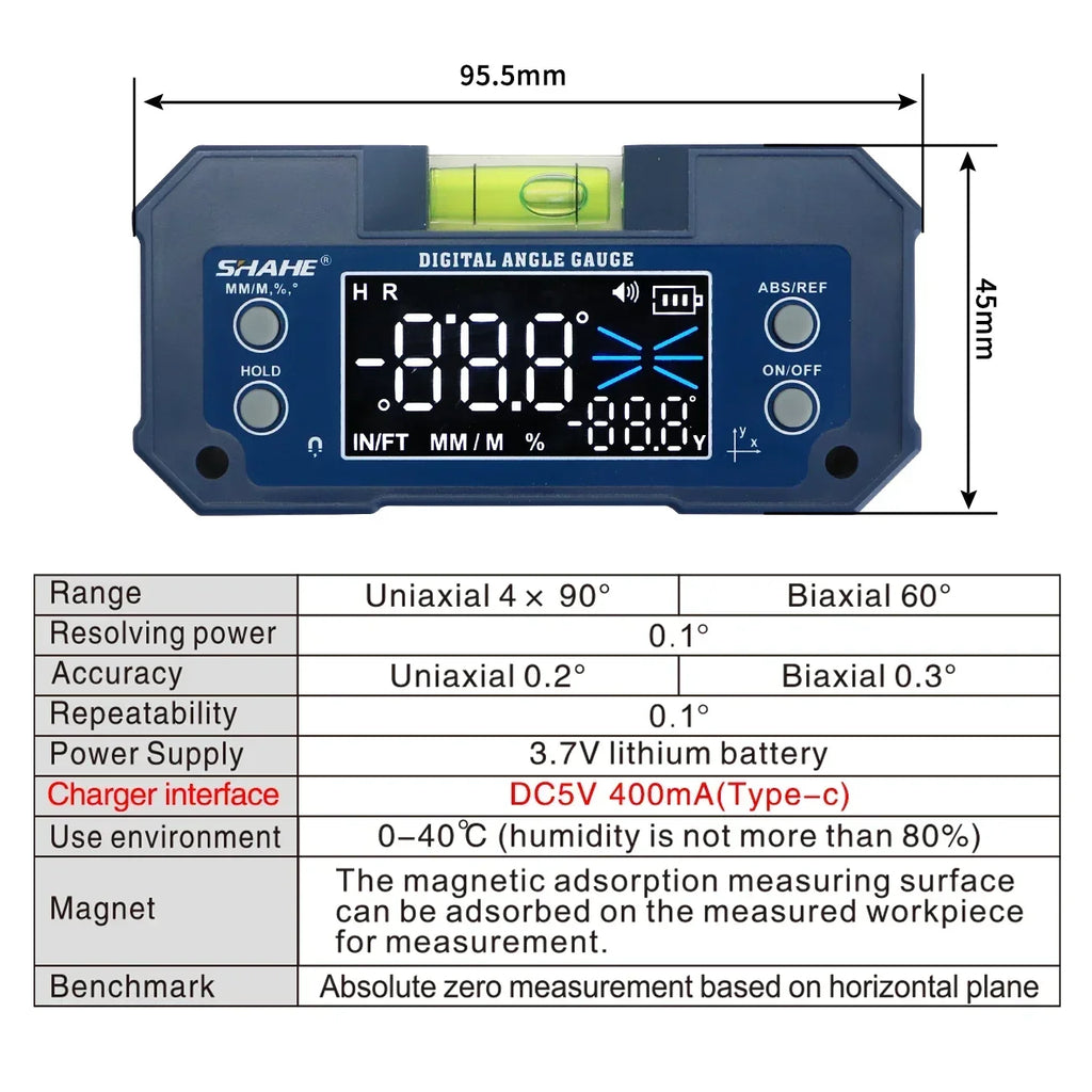 SHAHE Rechargable Digital Protractor Inclinometer Digital Angle Finder Level Box Angle Measuring Tools