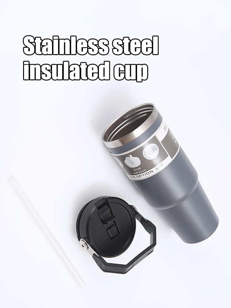 30OZ Portable Car Cup Stainless Steel Thermos Cup with Straw Travel Sports Water Bottle With Handle Cover Coffee Vacuum Flask