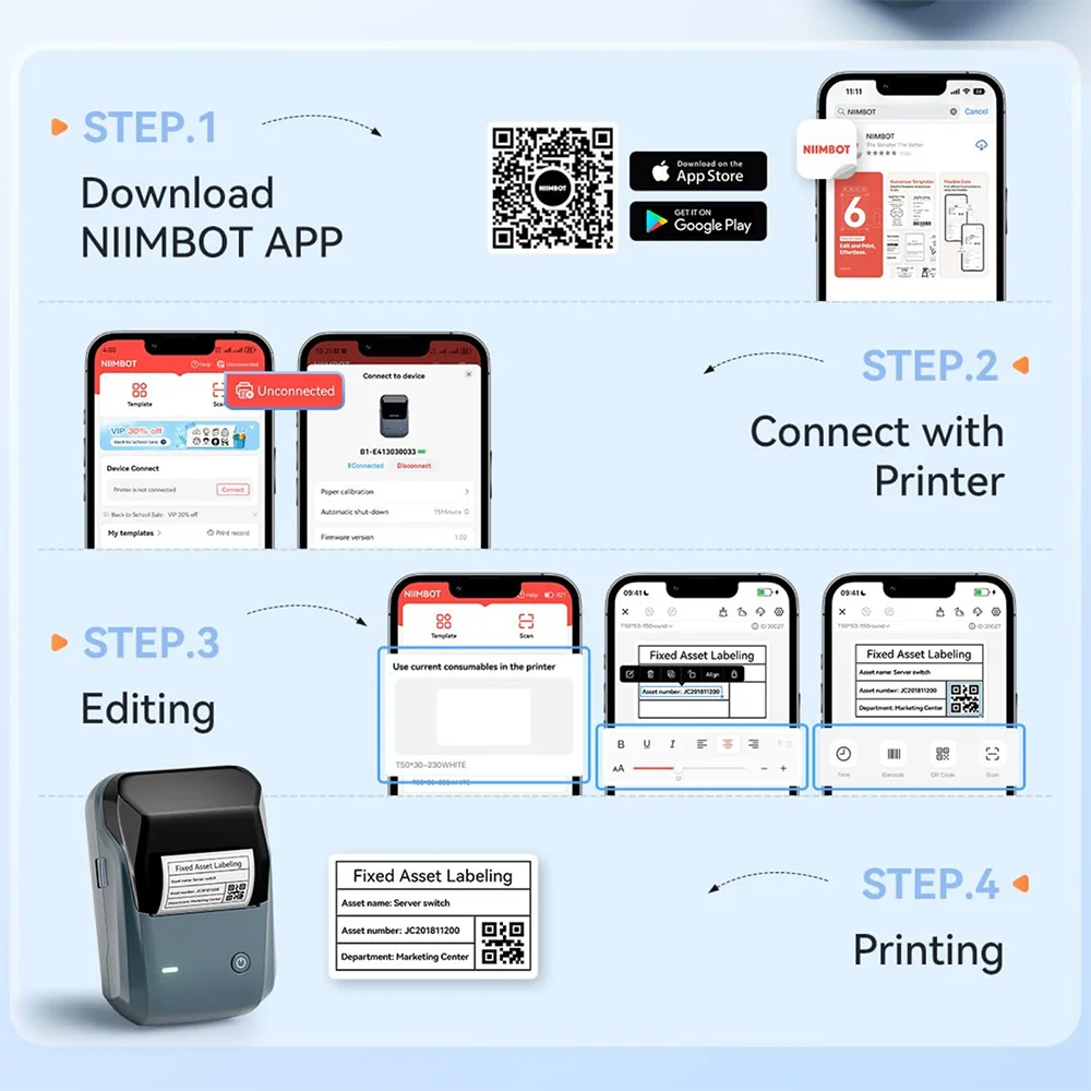 Portable Niimbot B1 Wireless Label Maker Adhesive Sticker Printer Labeling Machine DIY 20-50mm Labels for Office Home