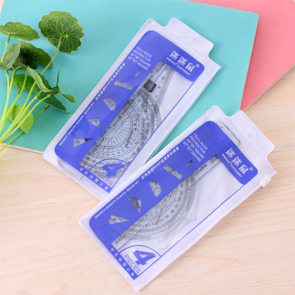 4 Pcs Ruler Set Multifunctional Straight Triangle Ruler Protractor Math Geometry Kit for School Kids Drawing Measuring