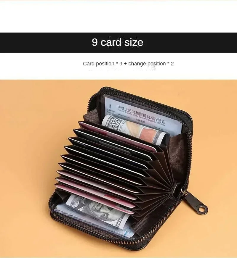 Multi Slot Card Holder Vintage Small Wallet Women Men Business Bank Credit Card Bag Male Coin Pouch Solid Leather Zipper Wallet