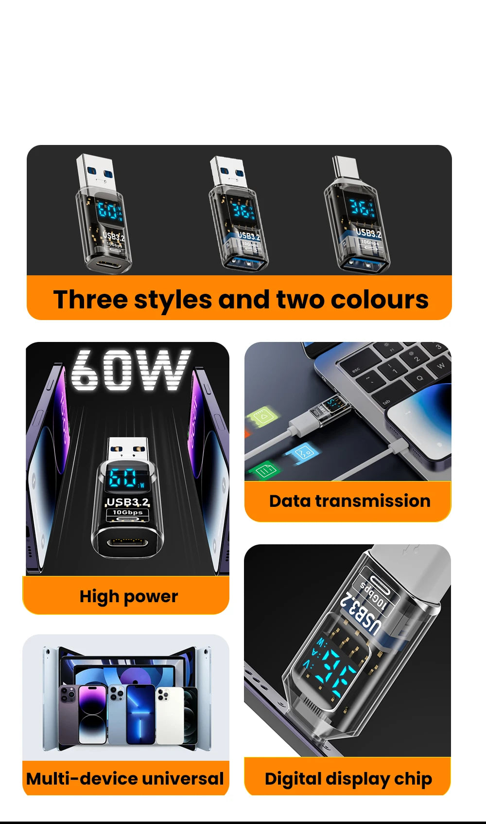 Digital Display USB3.2 Adapter USB A To Type C Adapter Data Transfer 60w Fast Charging USB C Converter For PC iphone15 Samsung