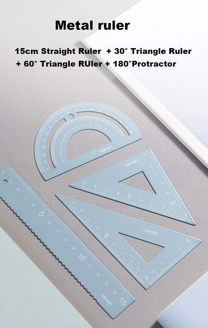 Deli 4Pcs Metal Ruler Set Multifunctional Straight Triangle Ruler Protractor Math Geometry Kit for School Kids Drawing Measuring