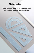 Deli 4Pcs Metal Ruler Set Multifunctional Straight Triangle Ruler Protractor Math Geometry Kit for School Kids Drawing Measuring