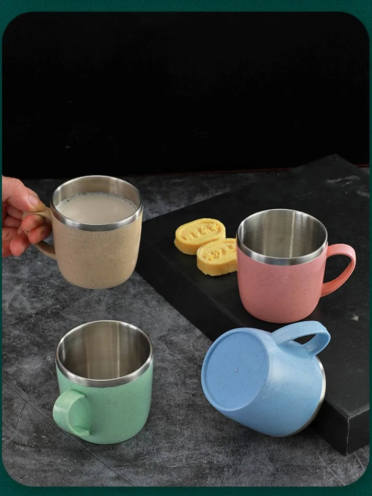 Double Layer Anti-scalding Stainless Steel Cups Plastic Handle Coffee Milk Mug Tea Drinks Water Cup for Home Office Tumbler