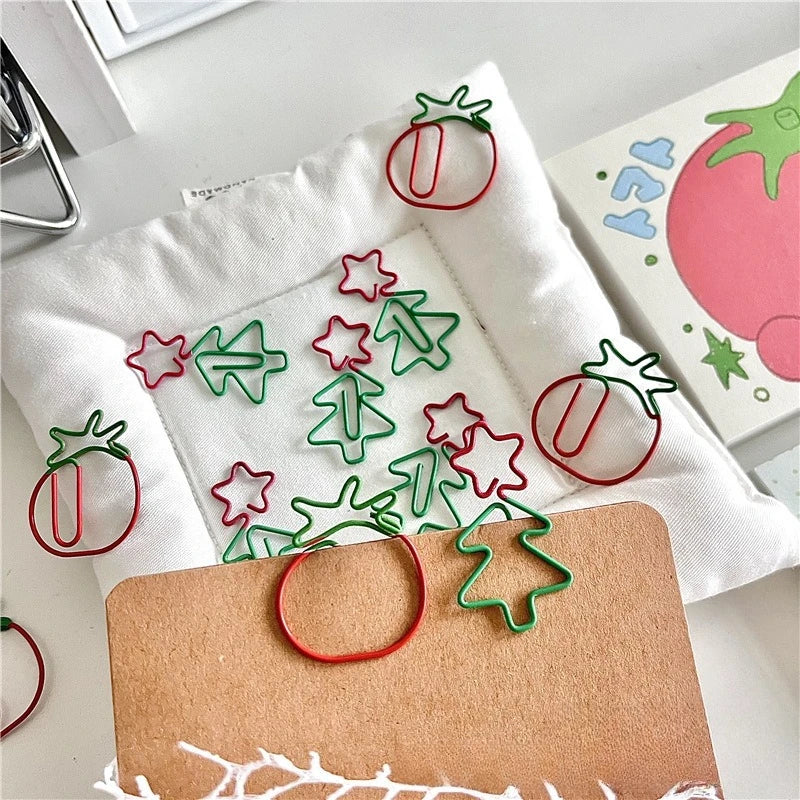 10/20pcs Cartoon Cute Christmas Tree Santa's Hat Creative Tomato Metal Office School Stationery Supplies Cute Paper Clips Gifts