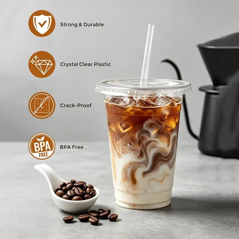 50pcs/set 12/16OZ Sturdy Ice Coffee Cup with Lid Smoothie Milkshake Cold Drink Plastic Cup Disposable Cup Holiday Party Supplies