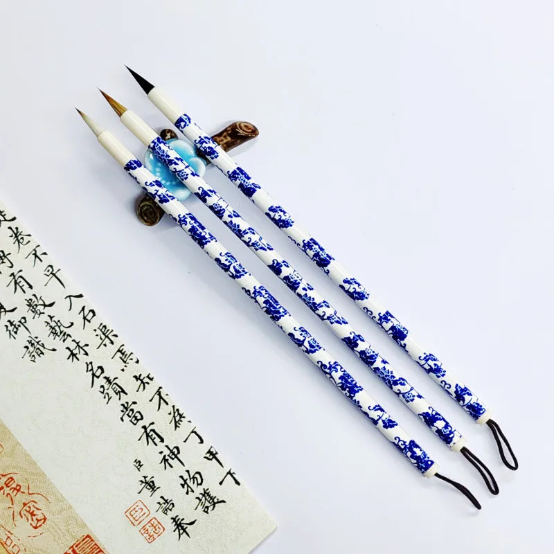 3PCS Chinese Style Calligraphic Brushes Blue and White Porcelain Pen Holder Weasel Wool Hair Writing Brush Xiaokai Kaishu Brush