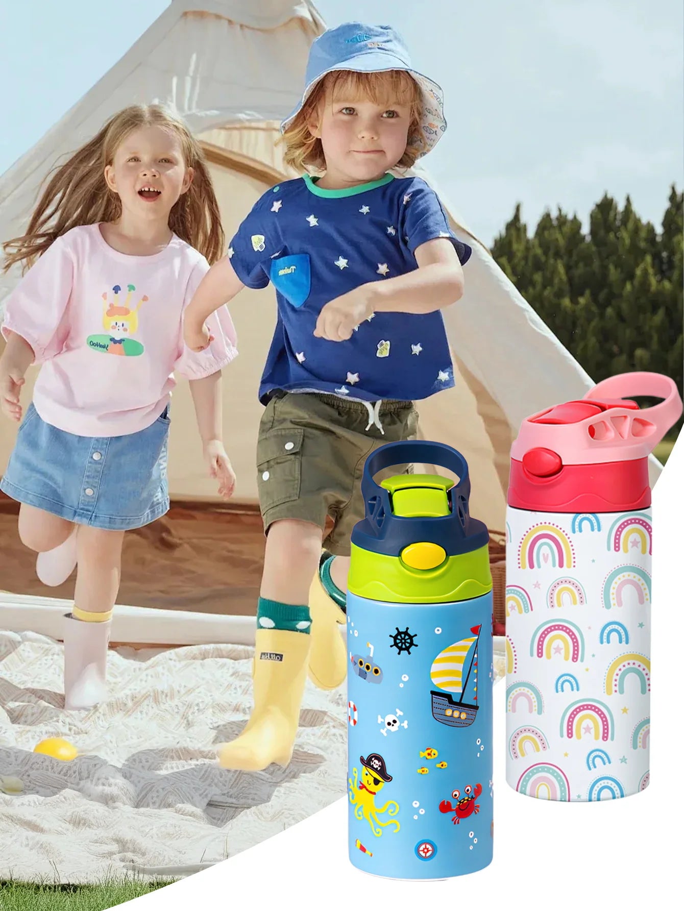 12OZ/350ml Cartoon Pattern Thermos Cup Stainless Steel Insulated Bottle Cute Thermos Kettle Outdoor Portable Handheld Cup