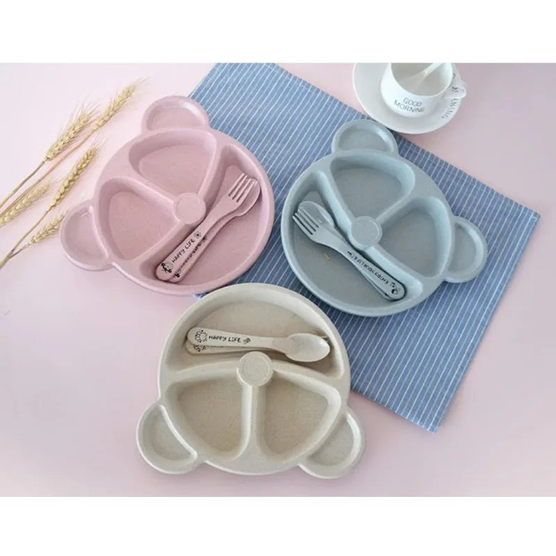 3Pcs/set Wheat Straw Baby Dishes Cartoon Tableware Set Kids Dinner Platos Baby Feeding Plate Training Bowl Spoon Fork Tableware