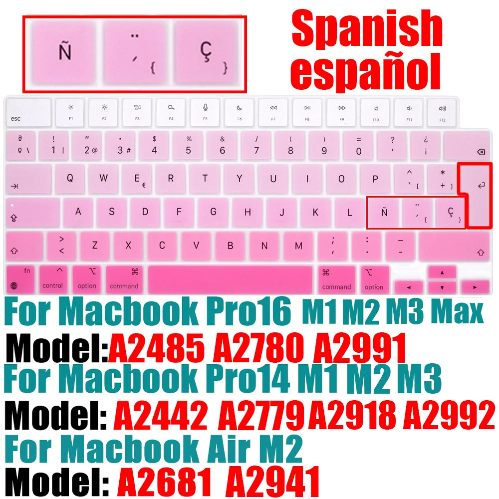 Spanish Keyboard Cover for MacBook Air 13.6 15.3 inch A2681 A2941 A2337 M3 M2 M1 Pro14" 16" A2442 A2779 A2918 A2992 A2485 A2991