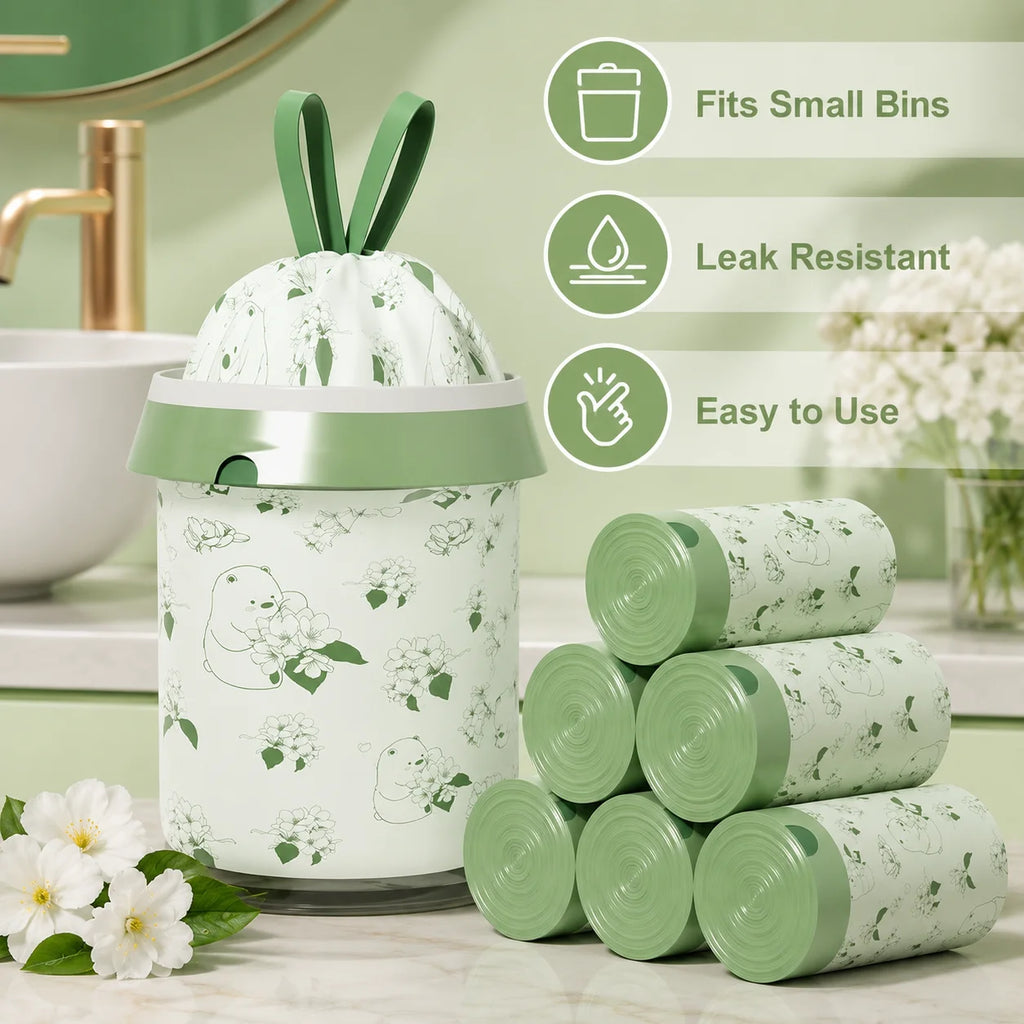 50-Count Scented Drawstring Trash Bags, 45 × 45 cm Cute Printed Small Bin Liners for Bathroom, Kitchen & Living Room