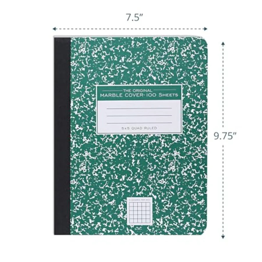 Hard Cover Composition Notebook, Green Marble Comp Book, 9.75″ x 7.5″, 5x5 Grid Graph Ruled, 100 Sheets 200 Pages