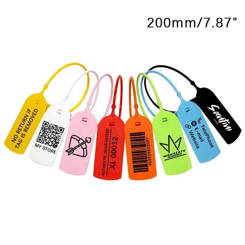 100Pcs Custom Logo Disposable Anti-tamper Plastic Security Seals Hang Tags for Clothing Shoes 200mm 7.8"