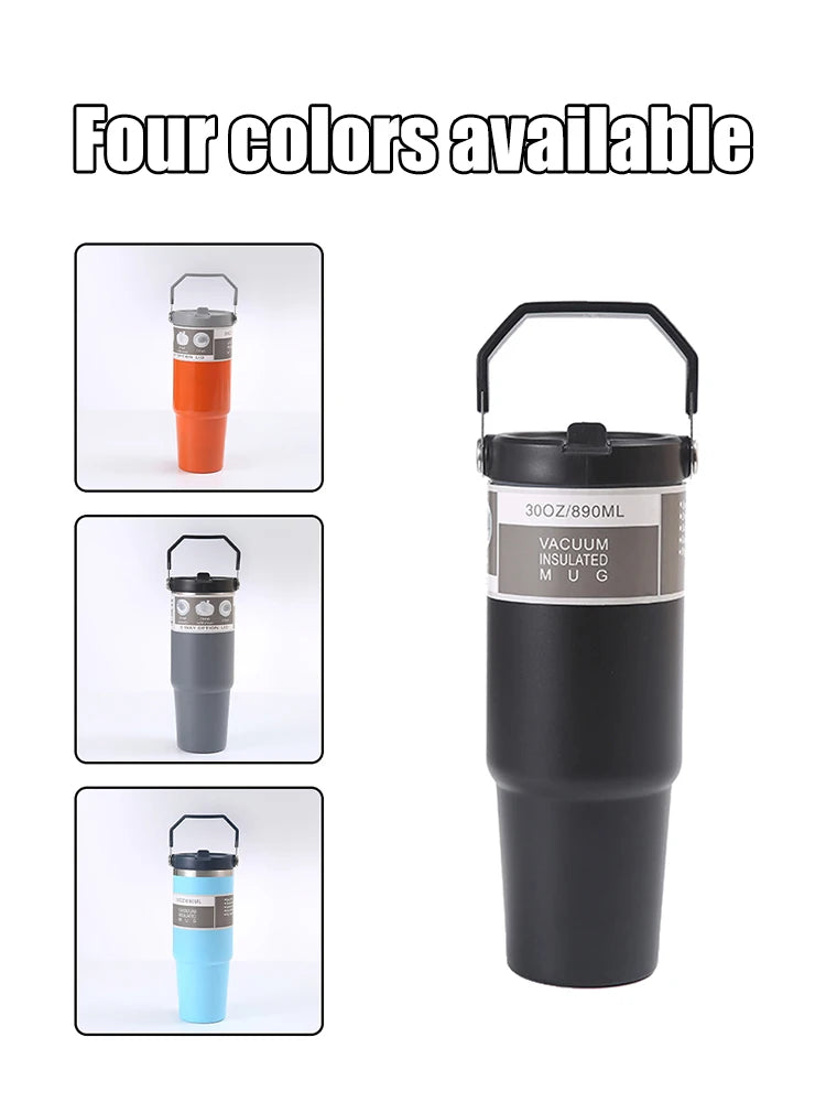 30OZ Portable Car Cup Stainless Steel Thermos Cup with Straw Travel Sports Water Bottle With Handle Cover Coffee Vacuum Flask