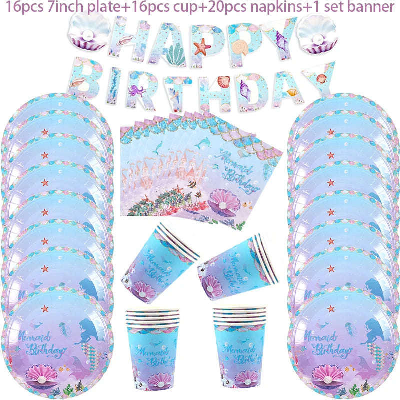 Mermaid Party Decorations Supplies Mermaid Disposable Plates Cup Napkins Set for Girls Baby Shower Mermaids Princess Birthday