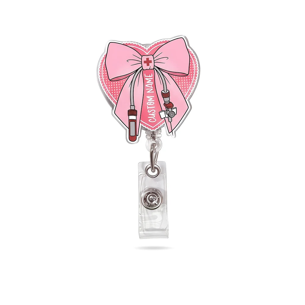 1pc Custom Name Pink Heart & Bow Badge Reel, Phlebotomist Nurse Personalized Gift, Everyday Work ID Holders, Nurse's Day