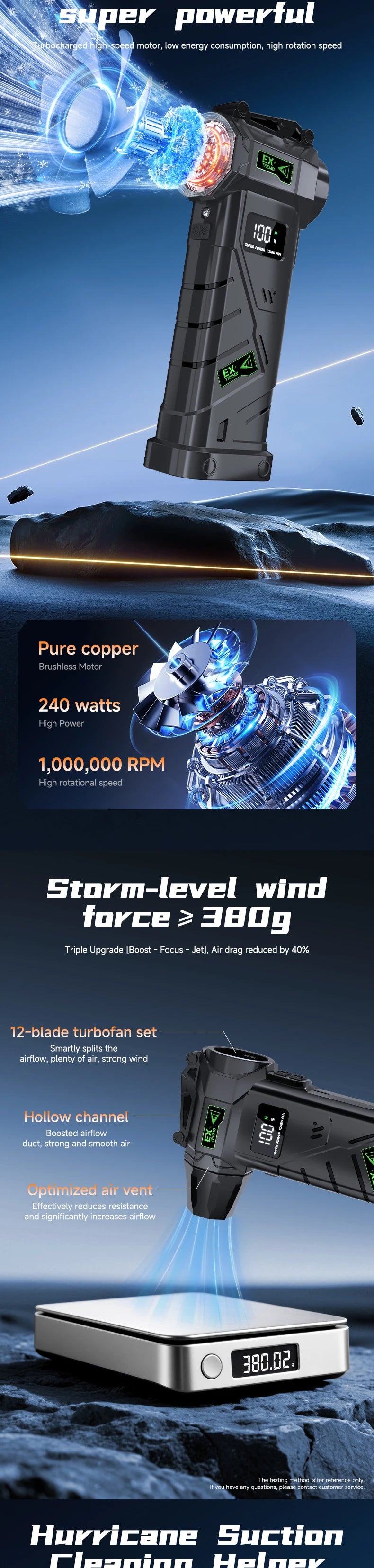 Powerful Violent Fan 1000000RPM Turbo Air Blower 380G Thrust High Speed Brushless Turbo Jet Blower With LED Lighting