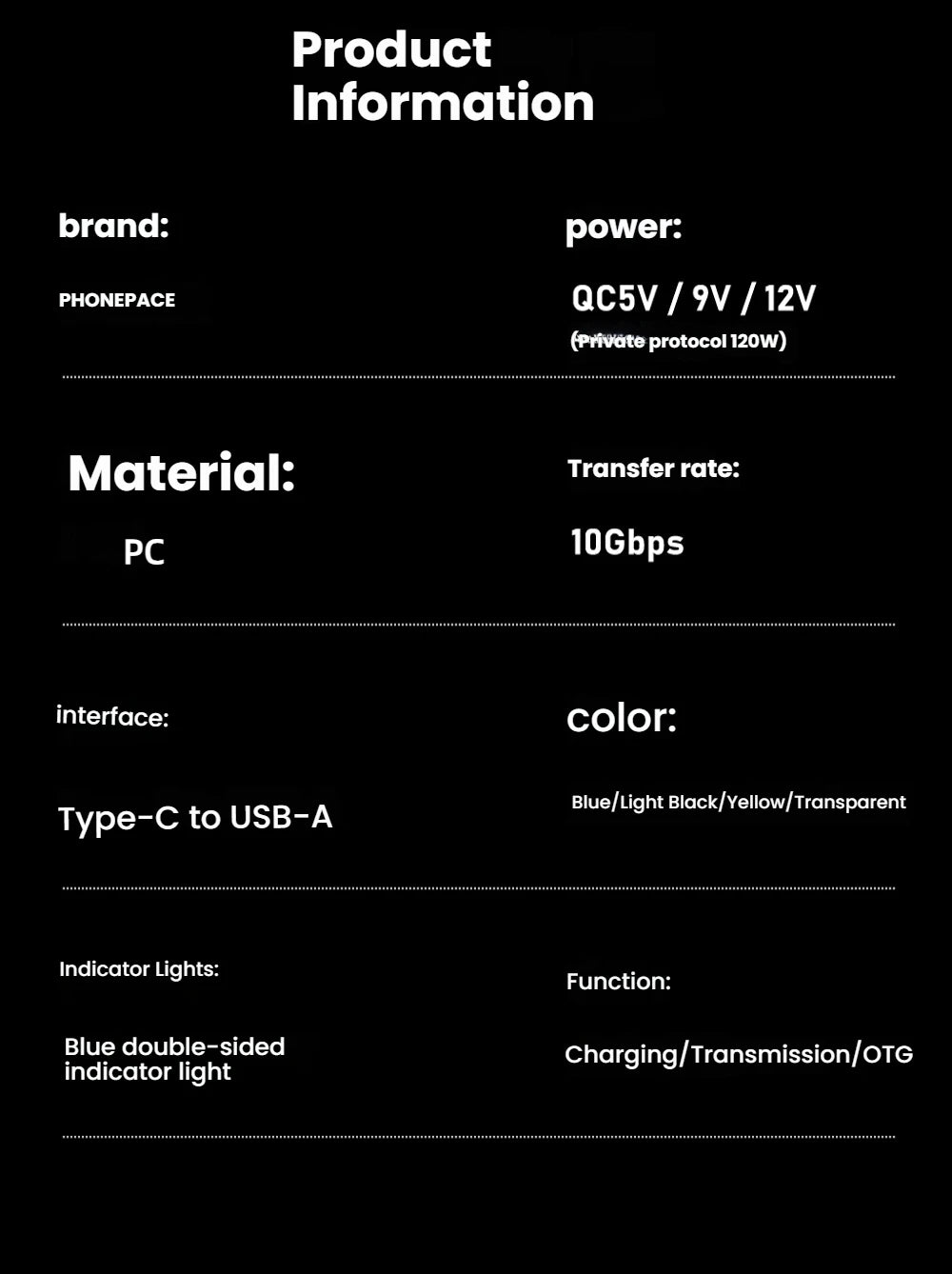 Type C Adapte USB 3.2  OTG Fast Charging 120W 10GB High Speed Data Audio Transfer For PC Tablet