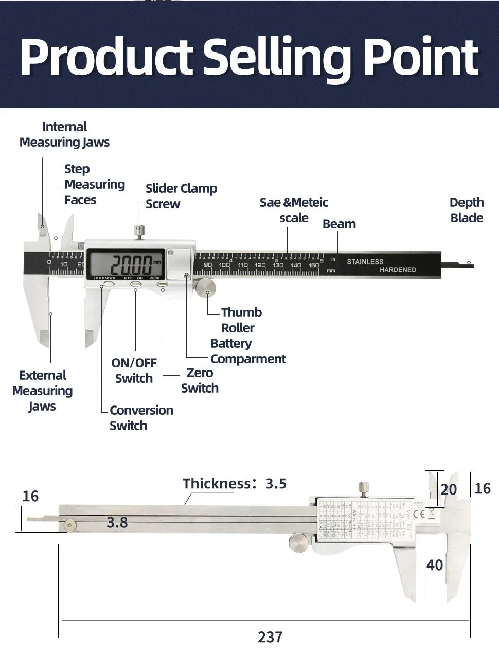 Vernier Caliper Professional Pachymeter Carpentry Tools Measuring Tool Micrometer Ruler Stainless Steel Pachometer Dial Calipers