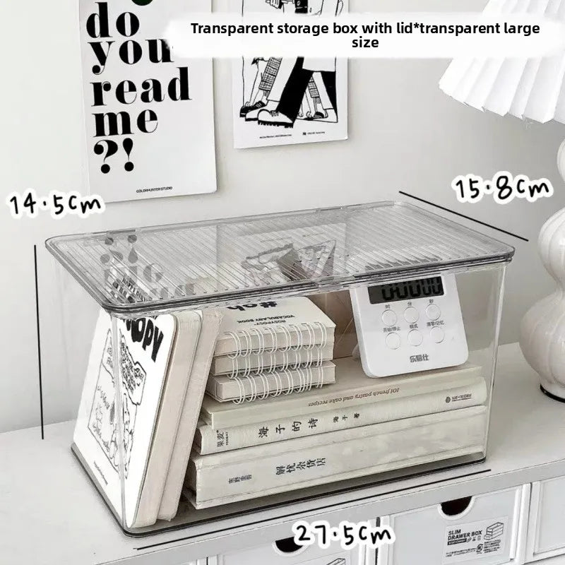 Desktop Storage Box Large Capacity with Lid Cosmetic Organizer Box Transparent Office Supplies Book Document Storage Box