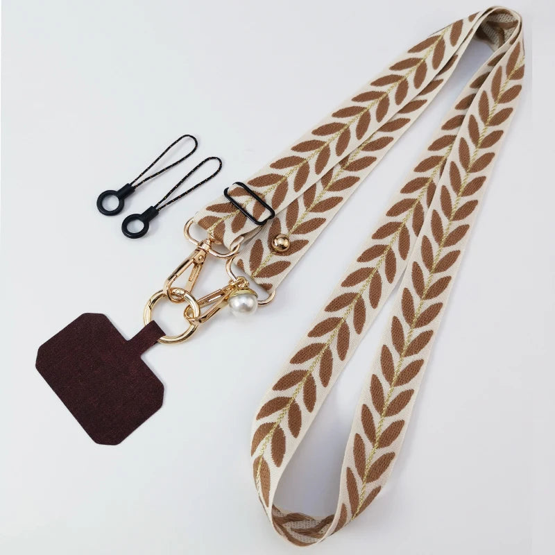 Adjustable Crossbody Long Mobile Phone Lanyard Wide Cloth Neckband Strap Rope Women's Pearl Hanging Ornaments Anti-Lost Lanyard