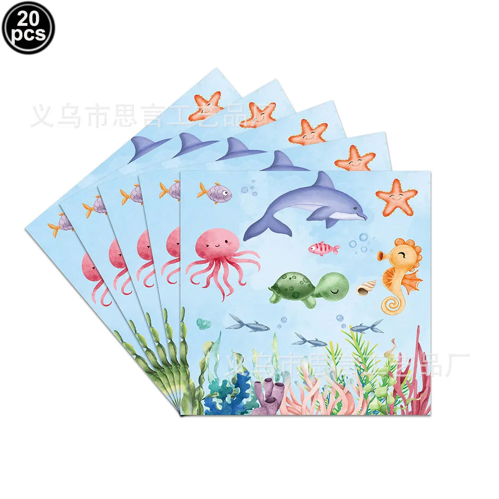 Ocean Animals Theme Disposable Tableware Plates Napkins Cup Paper Straws Whale Turtle Balloon Under The Sea Birthday Party Decor