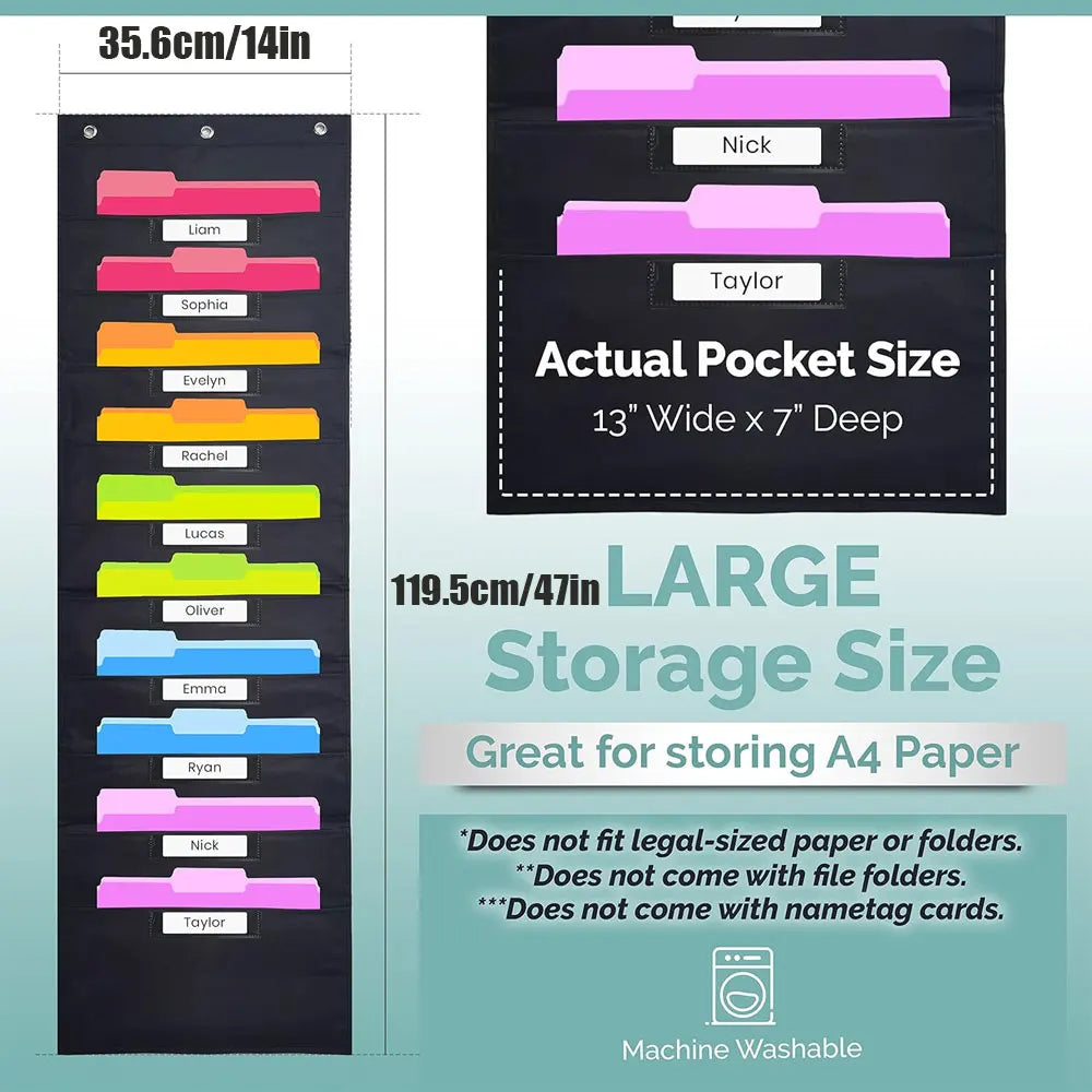 10 Pocket All Black Hangable File Organizer with 3 Hooks for Easy Storage of Files, Test Papers, Scrapbook Papers and More.