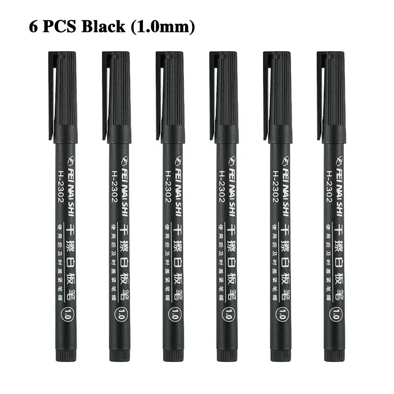 6 Pcs Erasable Whiteboard Pen 0.5/1.0mm Fine Point Black/Blue/Red Ink Blackboard Marker School Office Art Writing Stationery