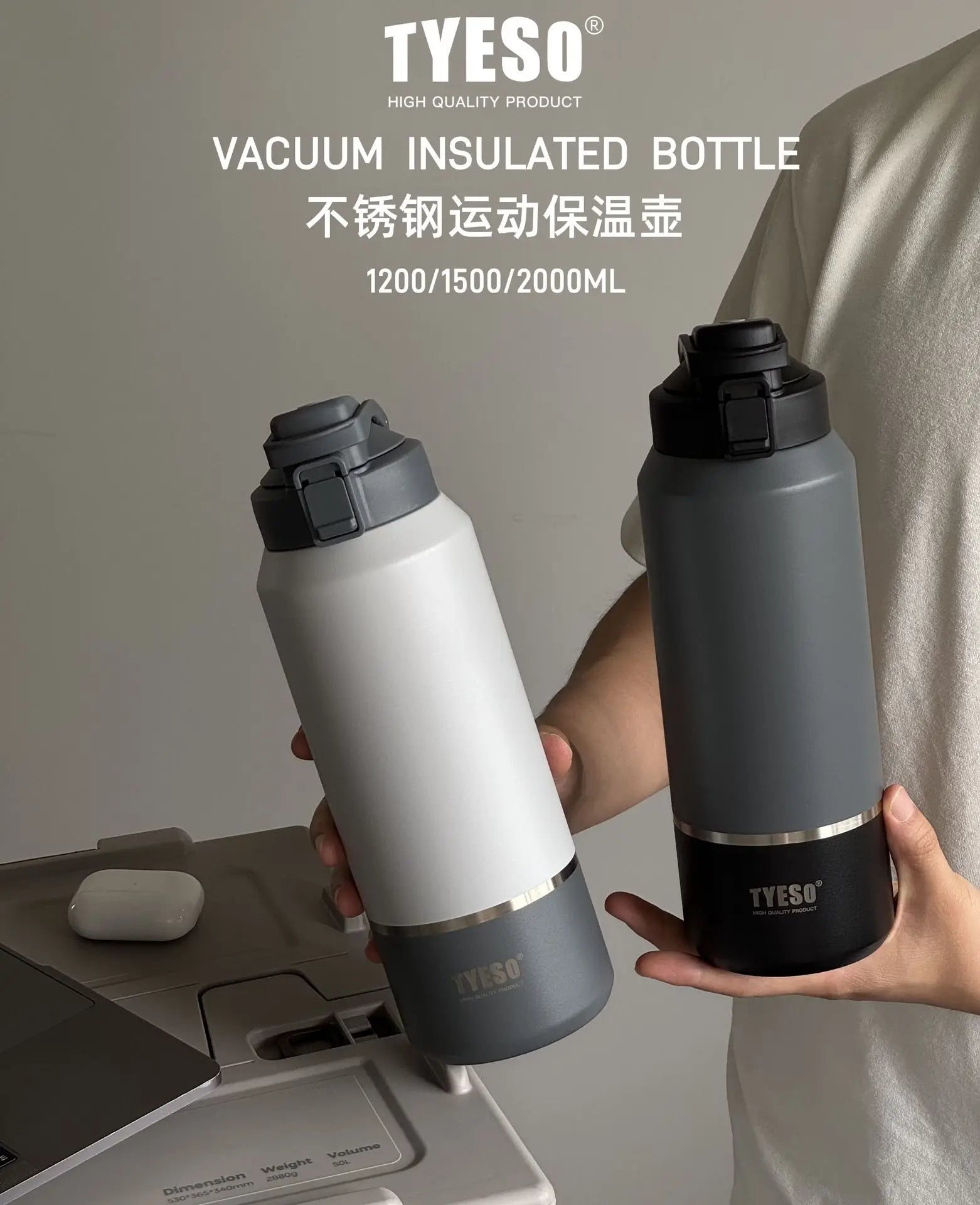 TYESO stainless steel portable sports kettle 2000ml large capacity insulated cup Outdoor portable direct drinking cup
