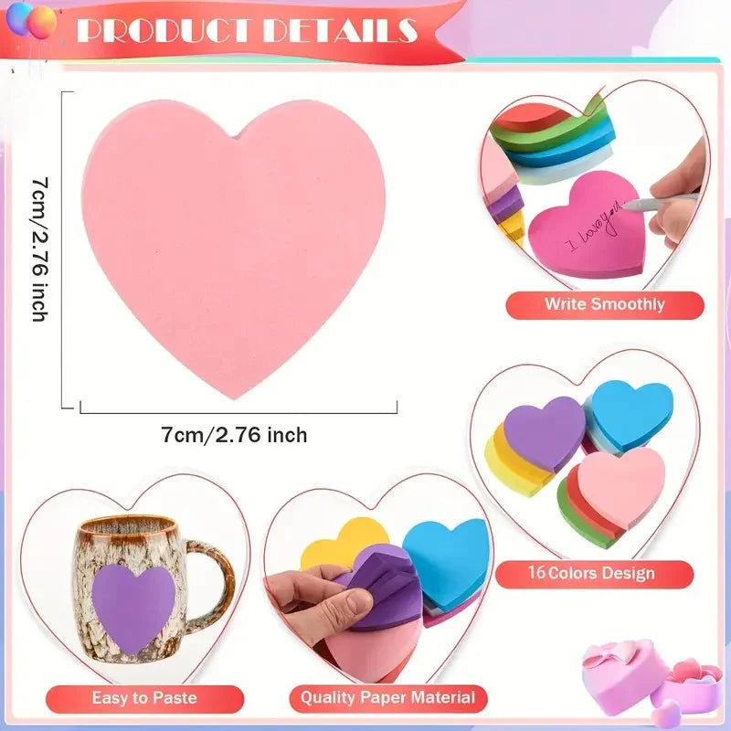 16/32 Pcs Heart Shaped Sticky Notes, 16 Colors 25 Sheets/Book, 400 Shape Sticky Notes, Cute Memo Pad Colorful Sticky Note Book