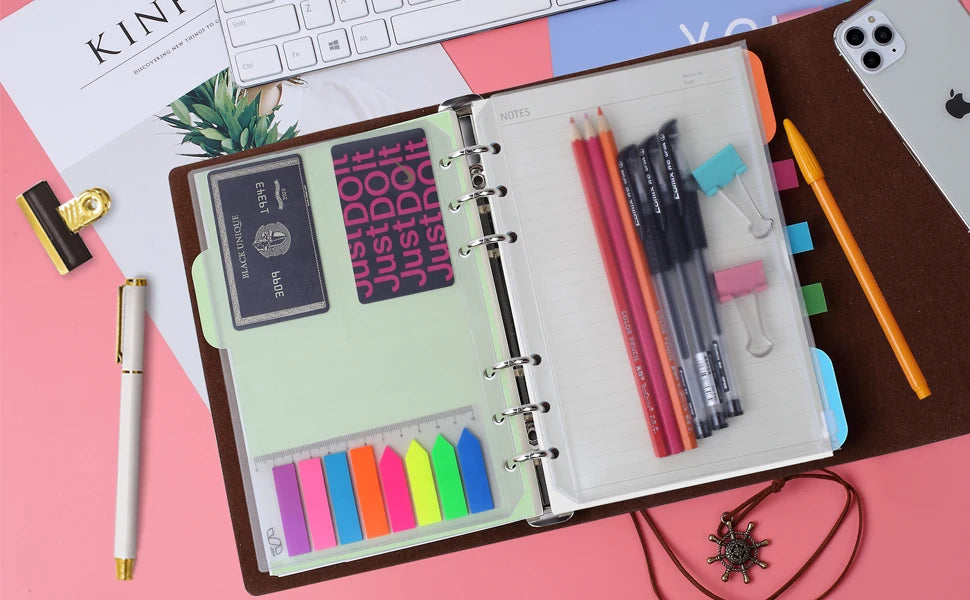 New Leather A5 Binder 6 Ring Binder Notebook - PU Leather Refillable Notebook with Binder Pockets, Dividers, Refill Paper