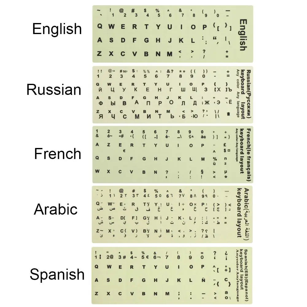 Spanish English Russian Arabic French Luminous Keyboard Stickers For Laptop PC Desktop Key Board Night Light Dustproof Sticker